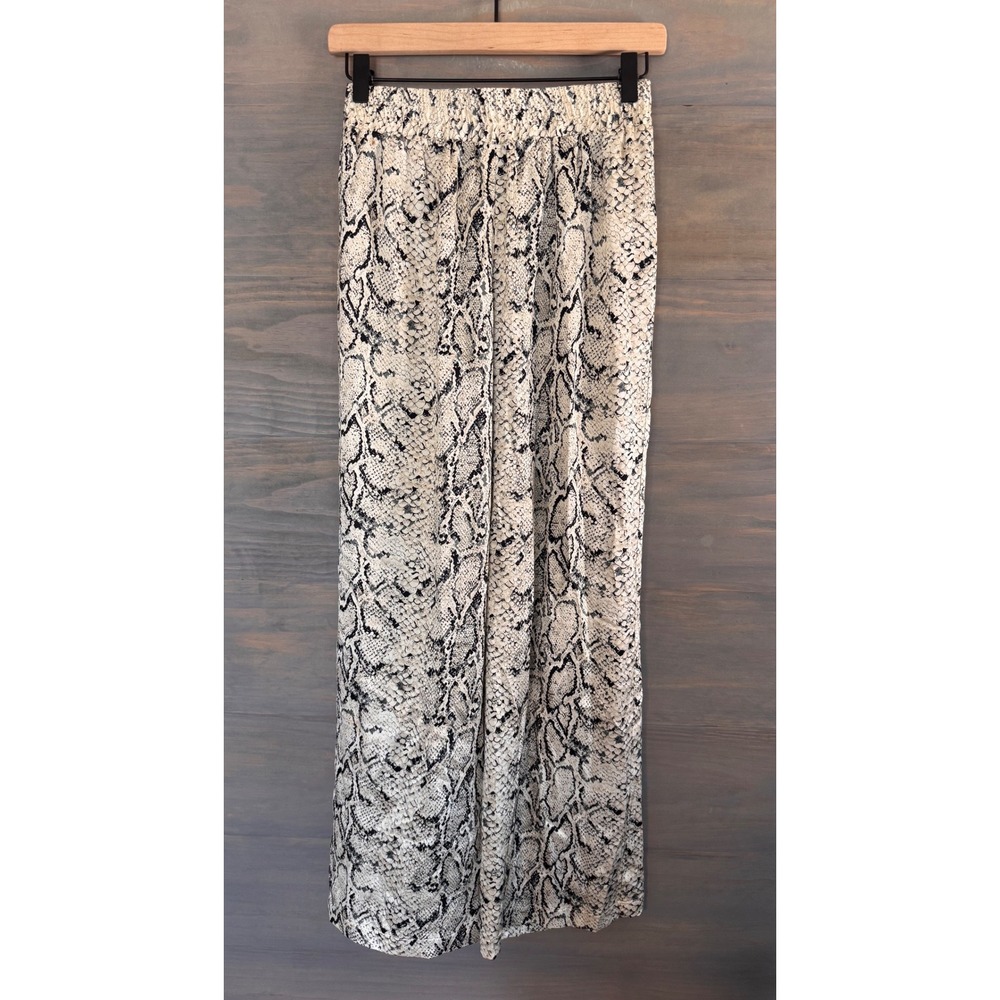 Reformation 100% Silk Snakeskin Print Wide Leg Smocked Waist Pants Cream Black 2 - Picture 1 of 4